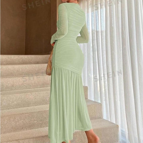 SHEIN Aloruh Patchwork Mesh & Pleated Waist Cinched Dress - Picture 4 of 5